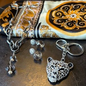 BUNDLE OF 4: SILPADA STERLING SILVER NECKLACE & EARRINGS, TIGER KEYCHAIN & SCARF